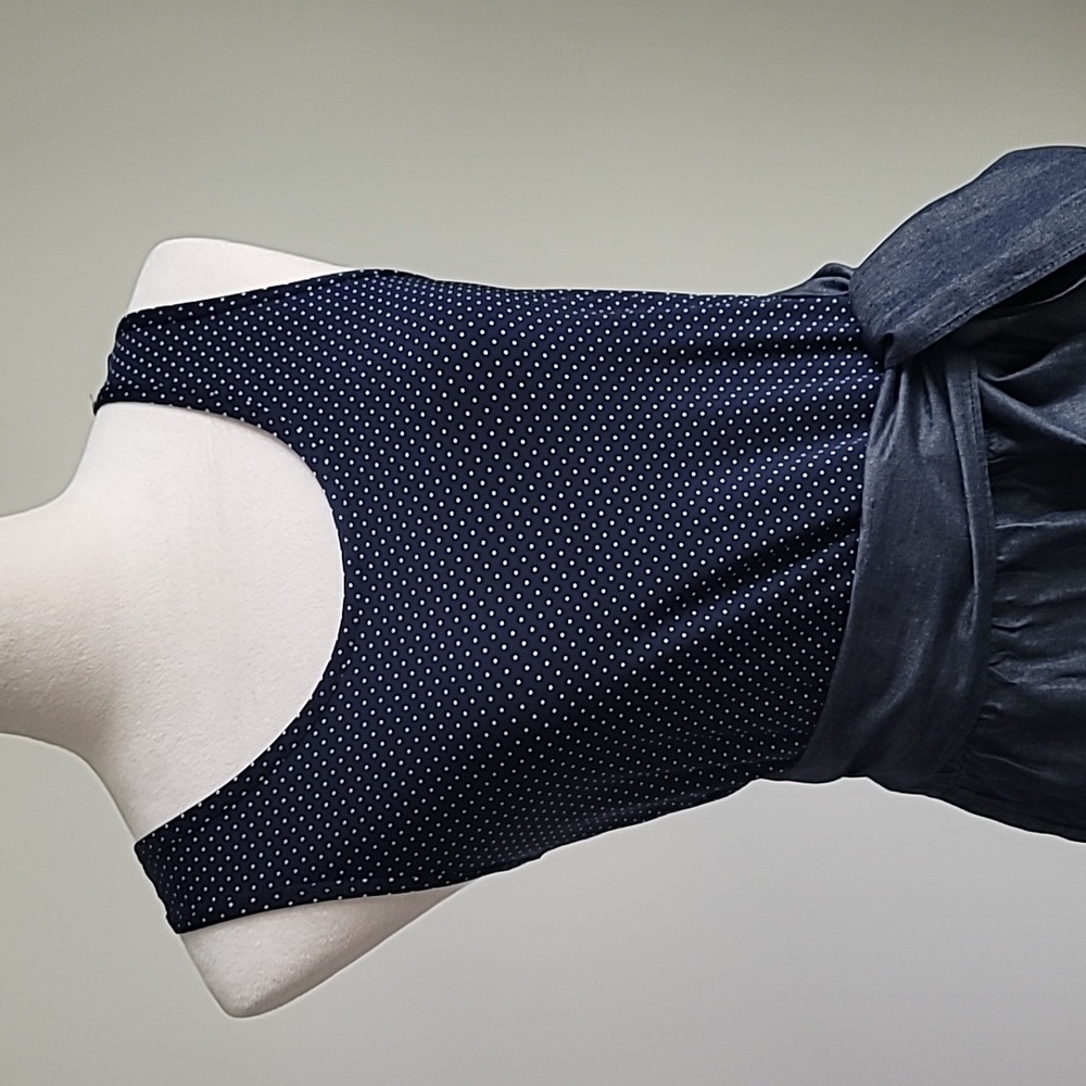 Lightweight Denim Skirt Dress, Polka Dot Stretchy Top, Navy Color, Size M - Picture 2 of 7